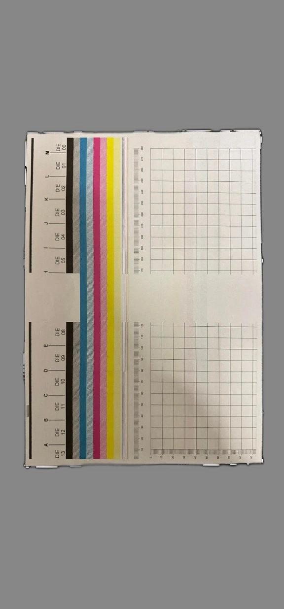 HP FI-1000 nozzle test print showing a failed sector as a solid band of missing print